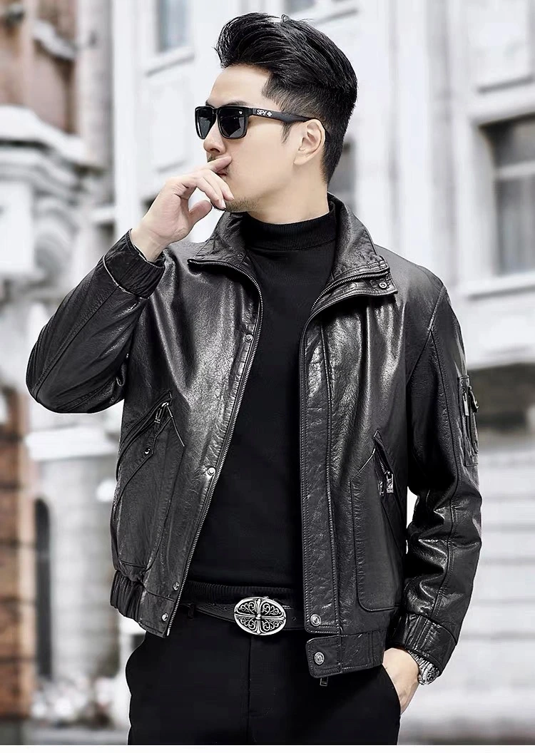 海宁真皮夹克翻领男皮衣男士加绒加厚羽绒服短款脱卸秋冬潮流韩版