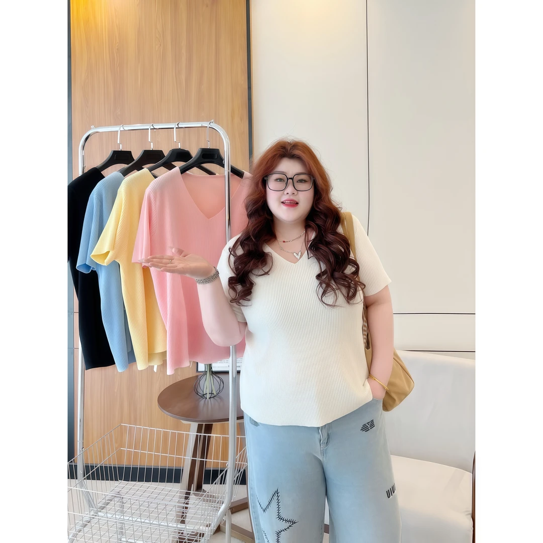 断码捡漏~草莓奶冻 / 零压感V领针织短袖14299花契大码胖mm200斤