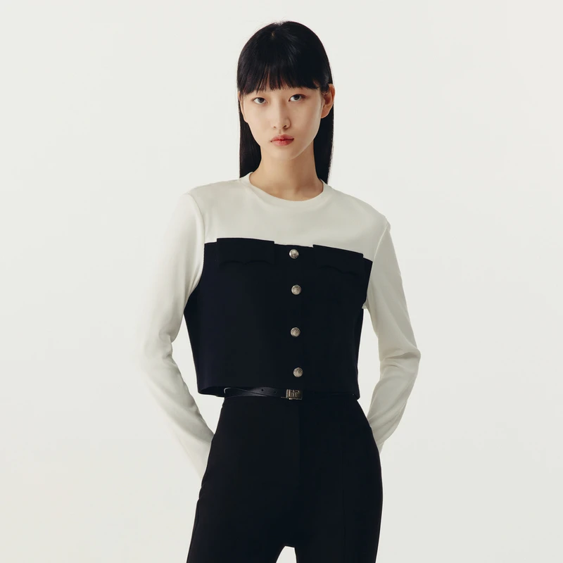 HPLY荷比俪春季新款女圆领撞色拼接箱型上衣HMD11610089