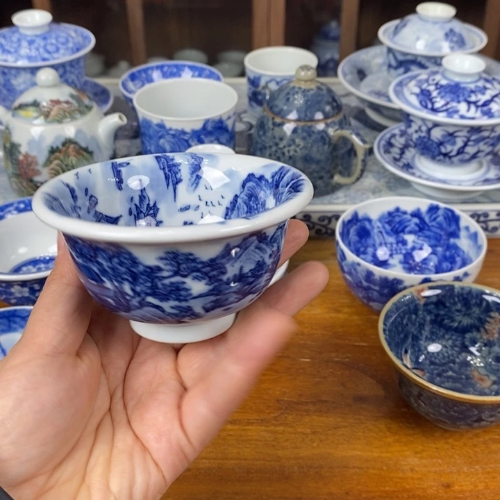 青花手绘山水压手杯