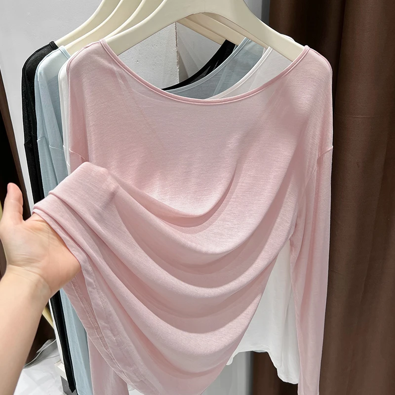 2025夏季爆款粉色一字领长袖外穿上衣女露背抽褶T恤宽松针织小衫