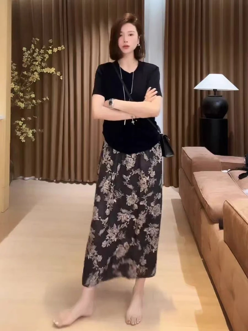 高级感醋酸缎面半身裙女长裙夏季气质新中式印花中长款开叉直筒裙