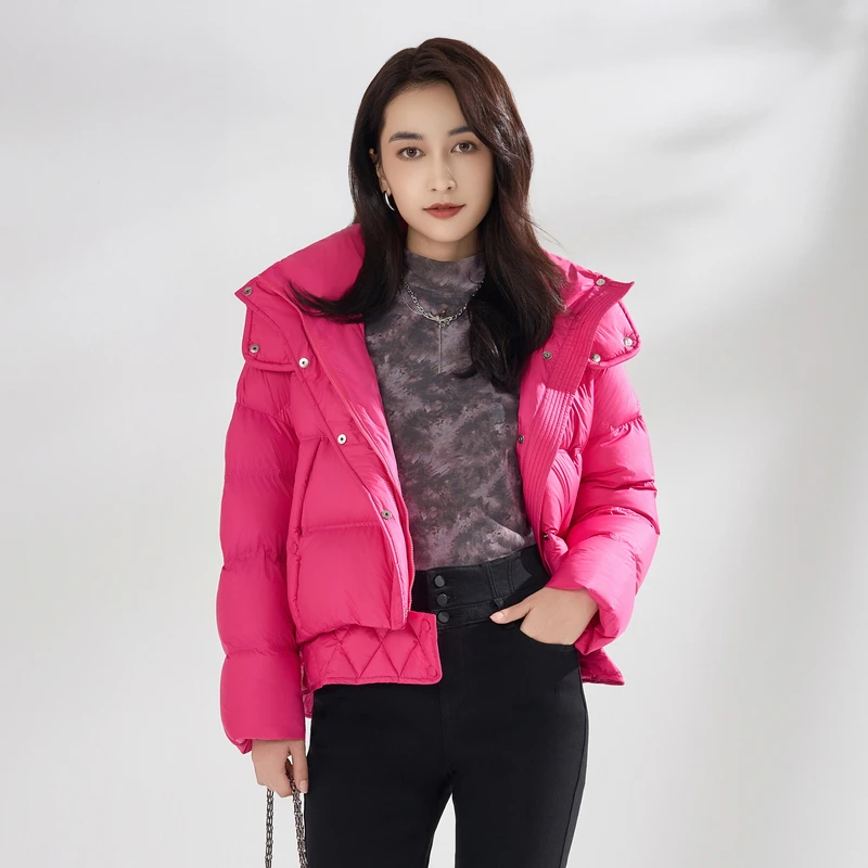 姚领YAOLY冬玫红色羽绒服女款短款白鸭绒长袖单排扣纽扣848K41222