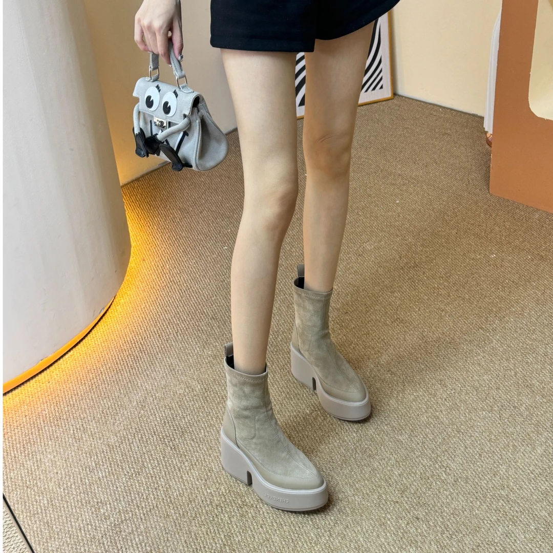 复古短靴女秋2025新款英伦风厚底显瘦中筒靴弹力瘦瘦靴SJ2665-1