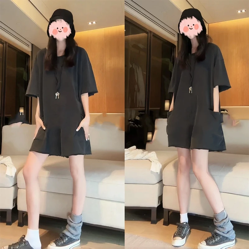 夏季新款纯欲慵懒风宽松美式休闲圆领短袖连体上衣短裤洋气衣服女