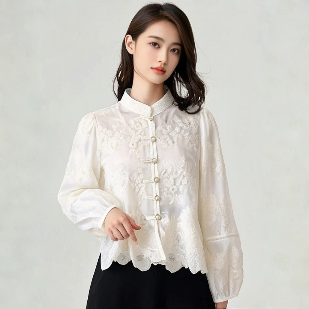 复古国风立领洋气长袖衬衫白色上衣衬衣气质中式夏宽松马甲国风短