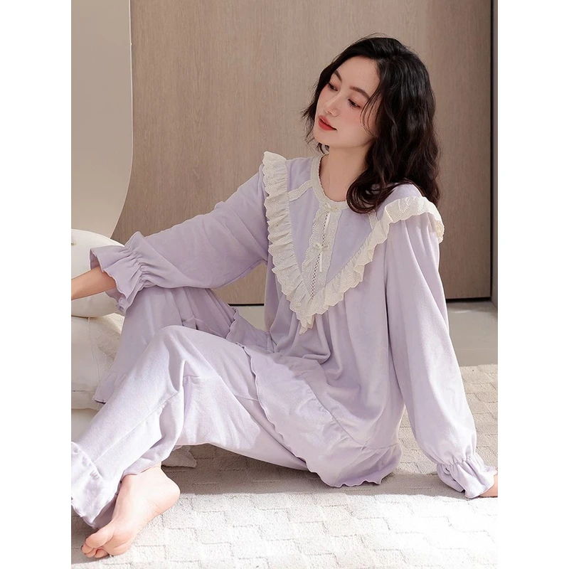 睡衣女秋冬季加厚海岛绒家居服可外穿宫廷公主风法兰绒高级感套装