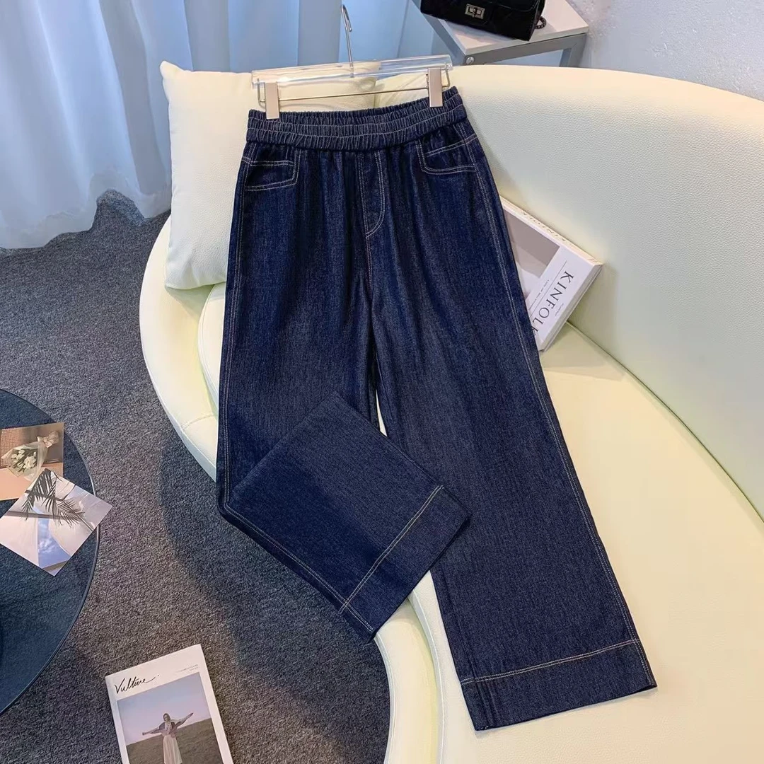 直筒牛仔裤女春秋新款时尚松紧腰宽松显瘦阔腿裤百搭休闲九分裤潮