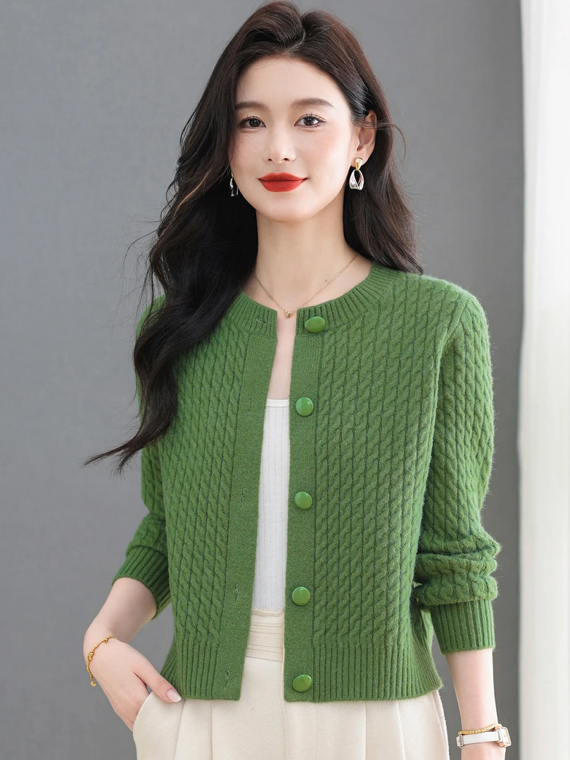 正品2025羊毛针织衫女款短款宽松开衫毛衣洋气秋季长袖