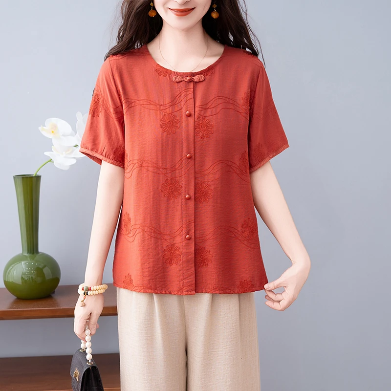 2025新款妈妈装夏季宽松洋气时尚绣花上衣中老年女装短袖T恤小衫