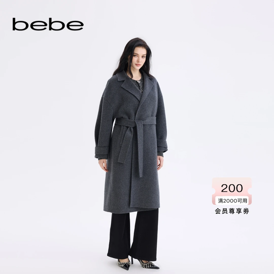 bebe2025冬季新款女士老钱风西装领收腰过膝含绵羊毛大衣472105