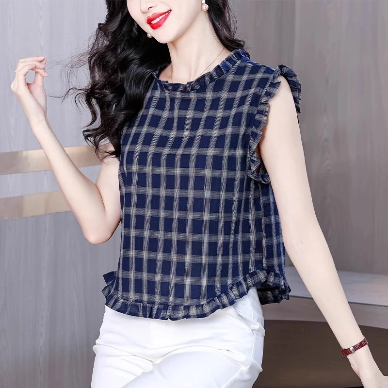 复古格子花边无袖棉质衬衫女夏季新款外穿背心短款洋气飞飞袖小衫