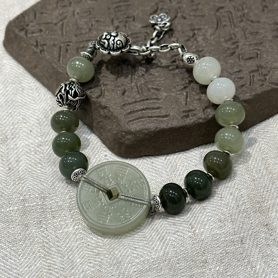 S10119<非晚>S925银渐变和田玉算盘珠山鬼八卦鹤珠手链 约17+5CM