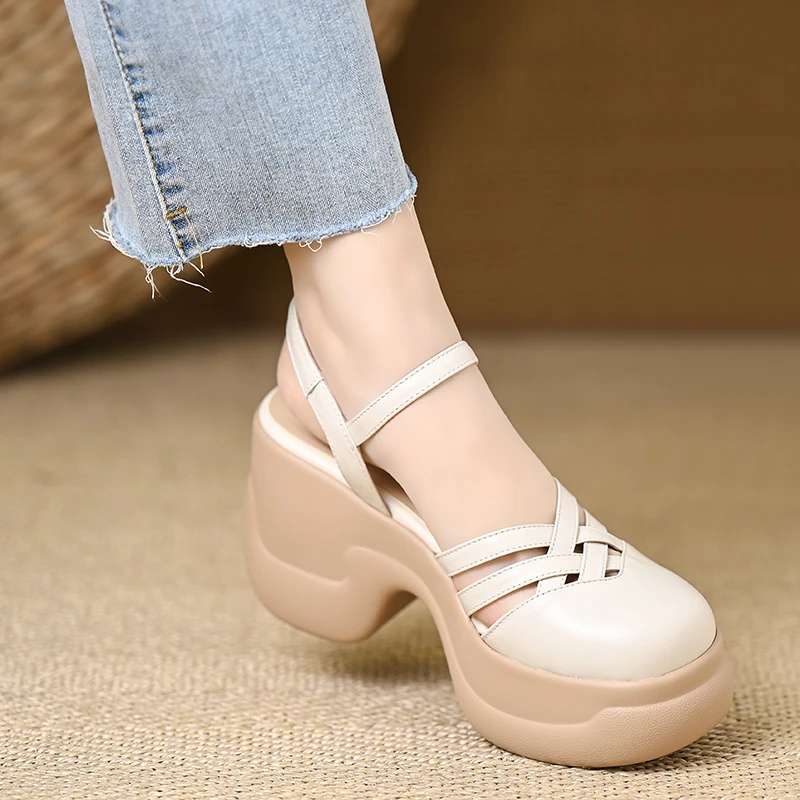 小个子8.5厘米坡跟厚底包头凉鞋女夏季镂空真皮厚底防水台高跟鞋