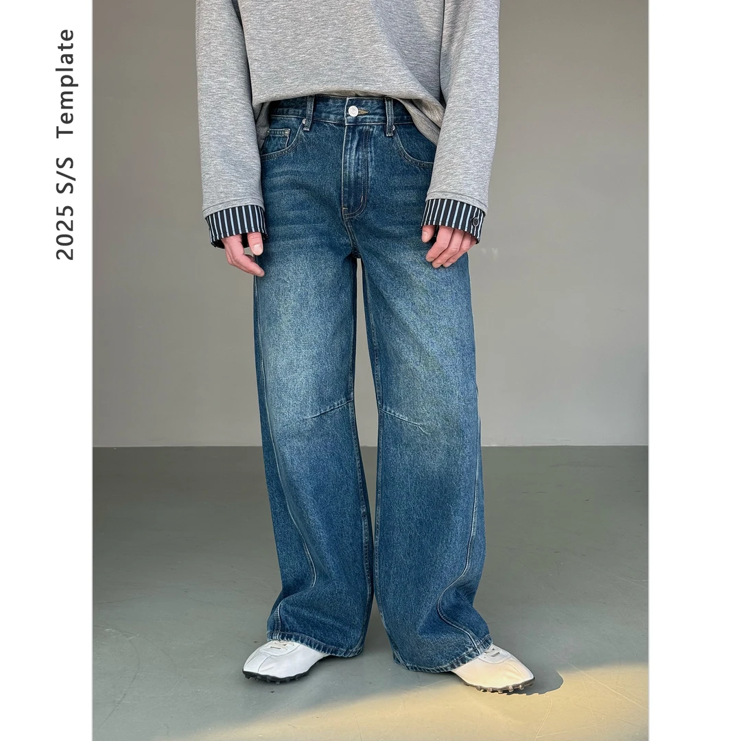 DUPU 25ss 13OZ复古做旧水洗斜裁压线分割微阔弯刀牛仔长裤