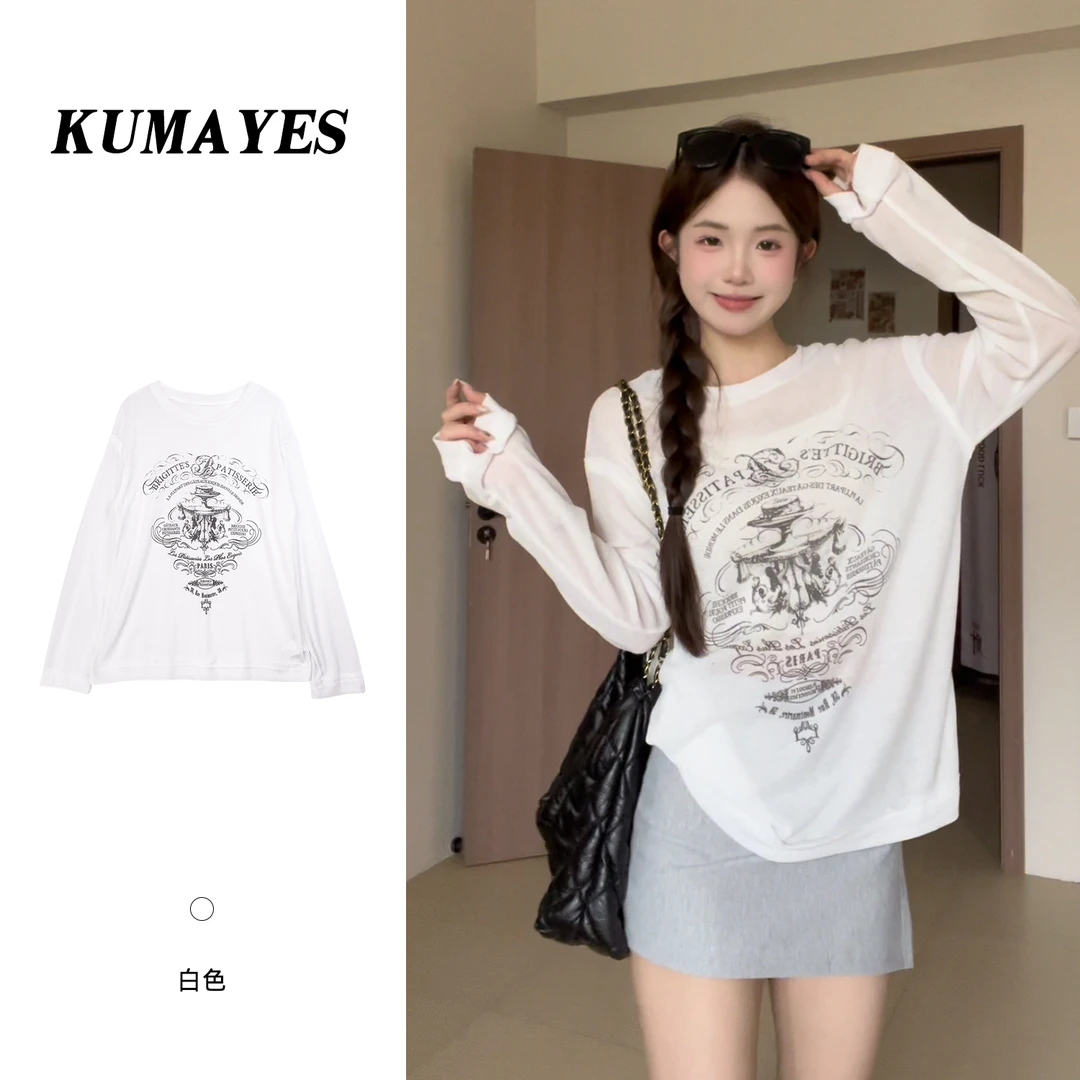 KUMAYES松弛感百搭字母印花圆领长袖T恤女夏季薄款罩衫宽松上衣
