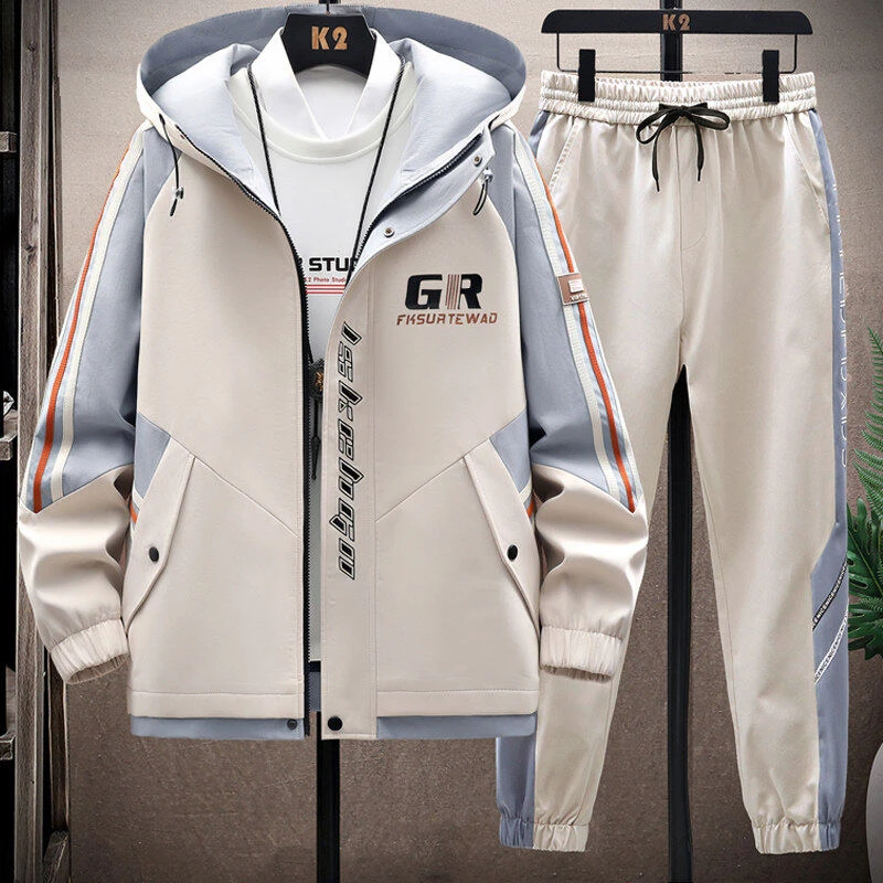 2025年春秋季连帽夹克套装男士时尚百搭宽松外套运动休闲两件套潮