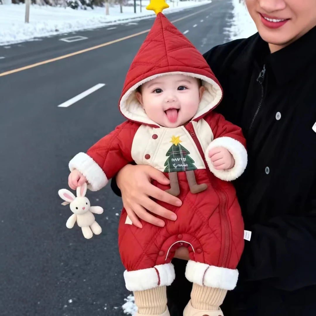 婴儿冬装连体衣服加棉加厚外出抱抱服超萌宝宝棉服红色喜庆拜年服