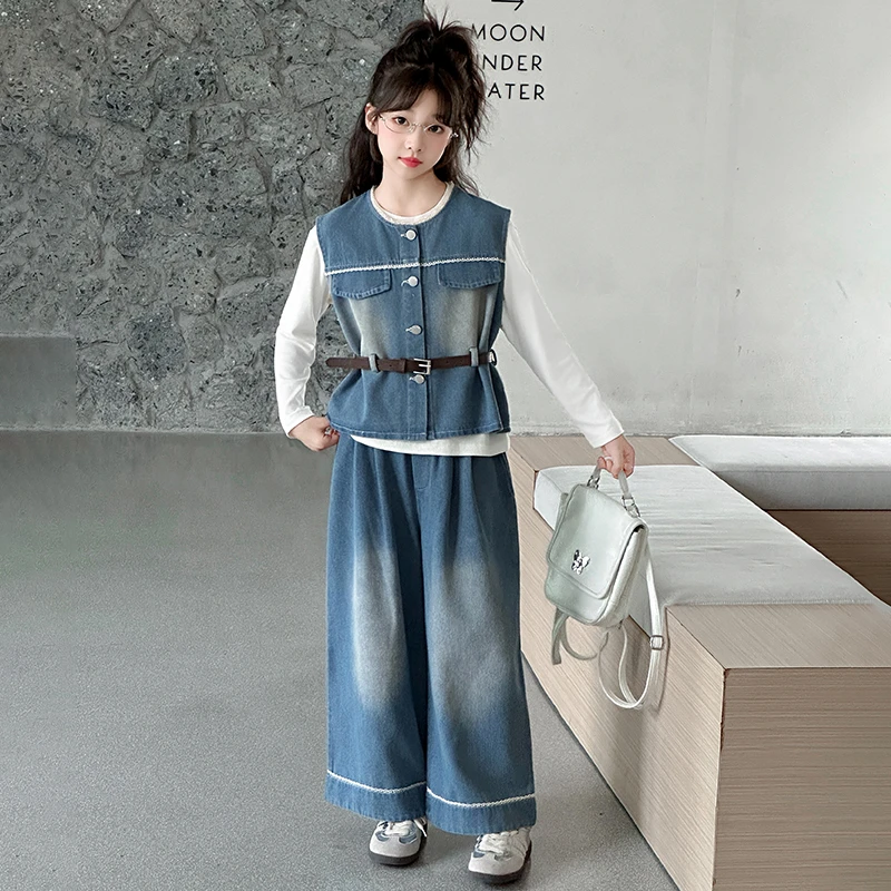 女童牛仔套装秋装2025新款大童女孩韩系马甲儿童秋季阔腿裤三件套