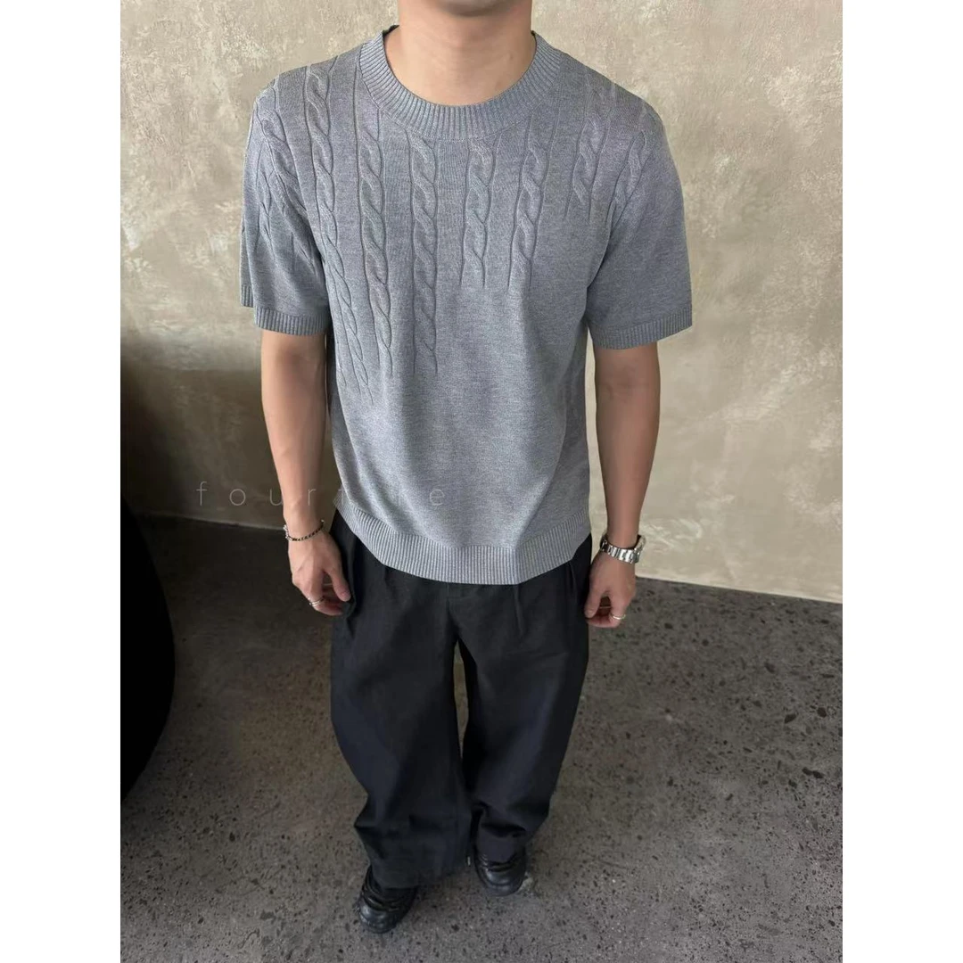 夏季层次绞花纹理感收针正肩老钱圆领毛织感弹力丝透气短袖T