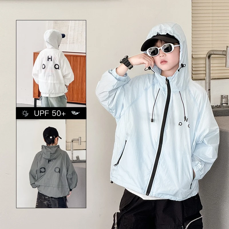 Y8721儿童防晒衣2025夏季男童轻薄连帽外套中大童户外运动上衣