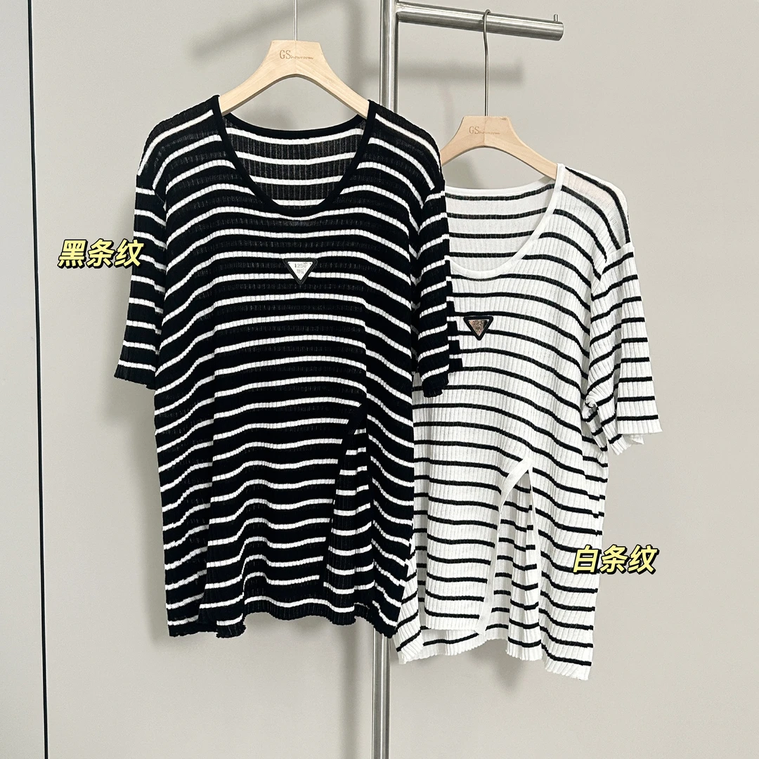 微胖女装【冰凉触感】三角标开衩冰丝半袖T恤显瘦百搭减龄上衣8816