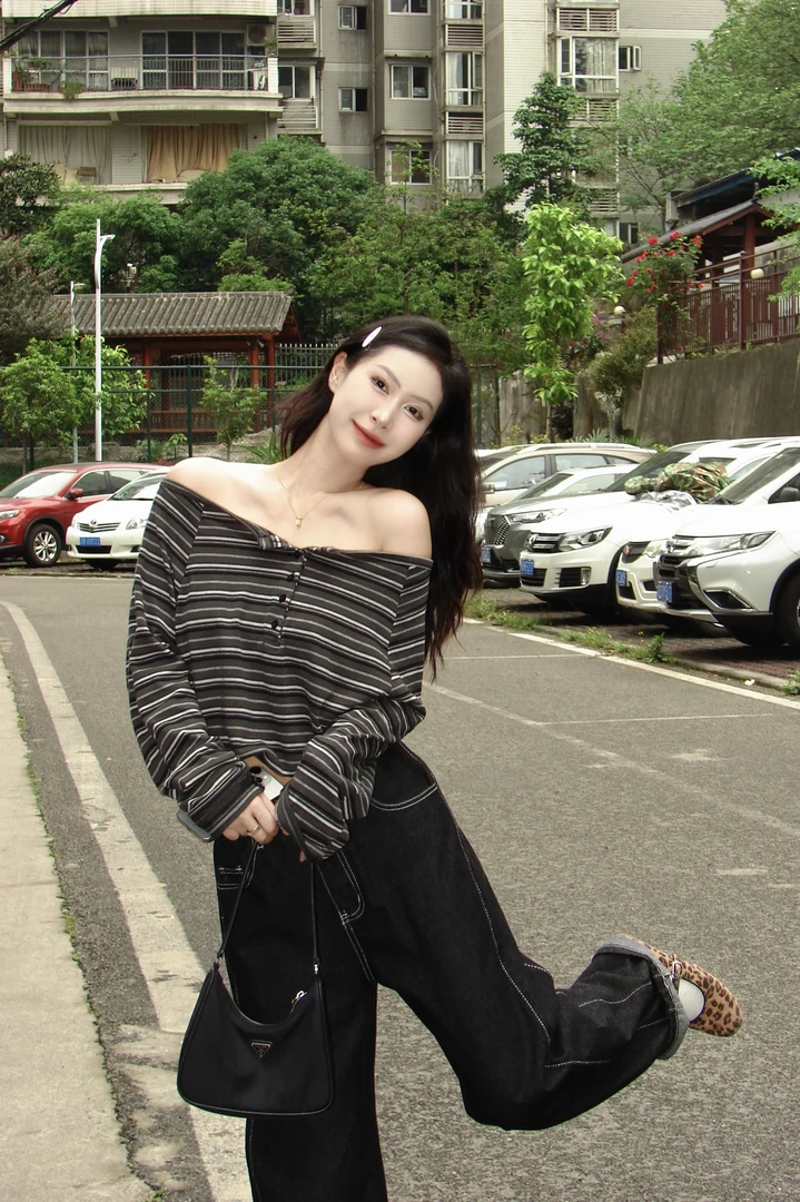 【吉阿嘉】美式休闲分割设计半松紧腰廓形时尚百搭原色牛仔裤MN2385