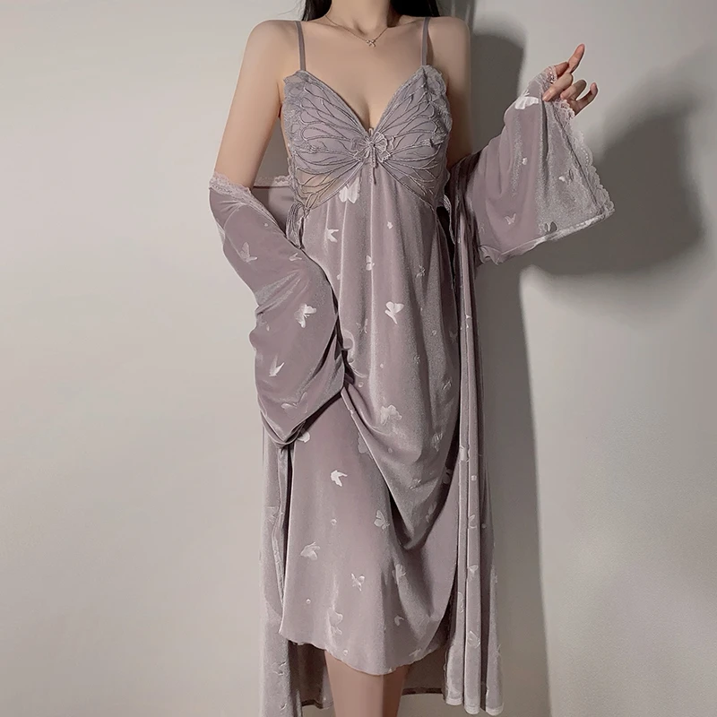 洛云裳·纯欲睡衣甜美蝴蝶加胸垫丝绒吊带睡裙慵懒风套装蕾丝性感