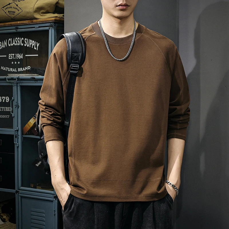 美式复古分割设计长袖t恤男秋季2025新款宽松重磅打底衫圆领卫衣