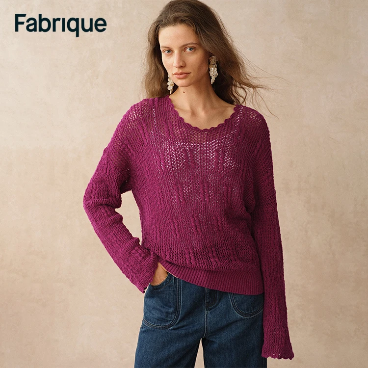 Fabrique Livy 早秋新品鸢尾紫不规则绞花棉质透视花边领针织衫