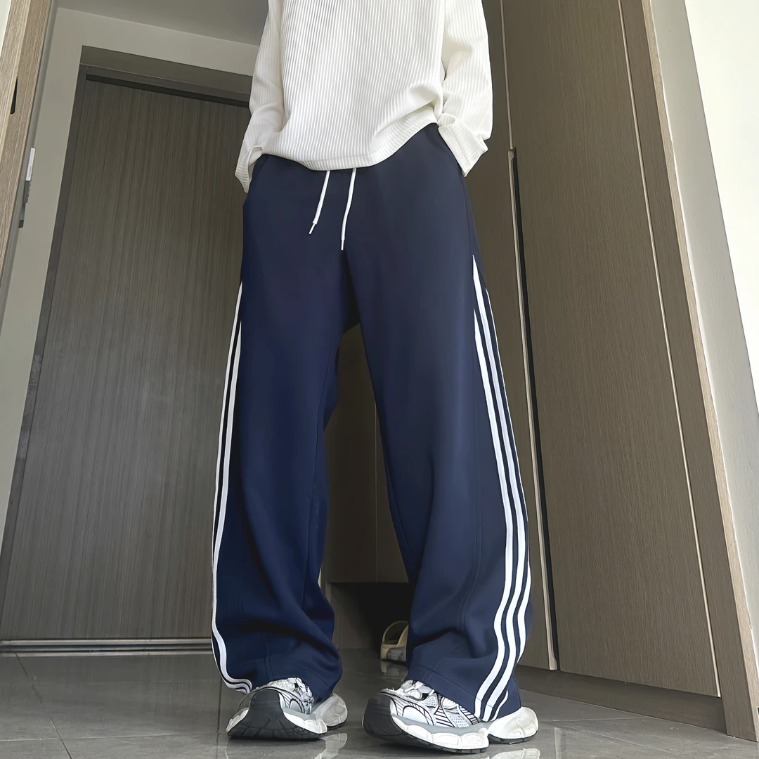 2025条纹拼接宽松卫裤男秋季运动裤弯刀阔腿裤直筒裤休闲百搭长裤