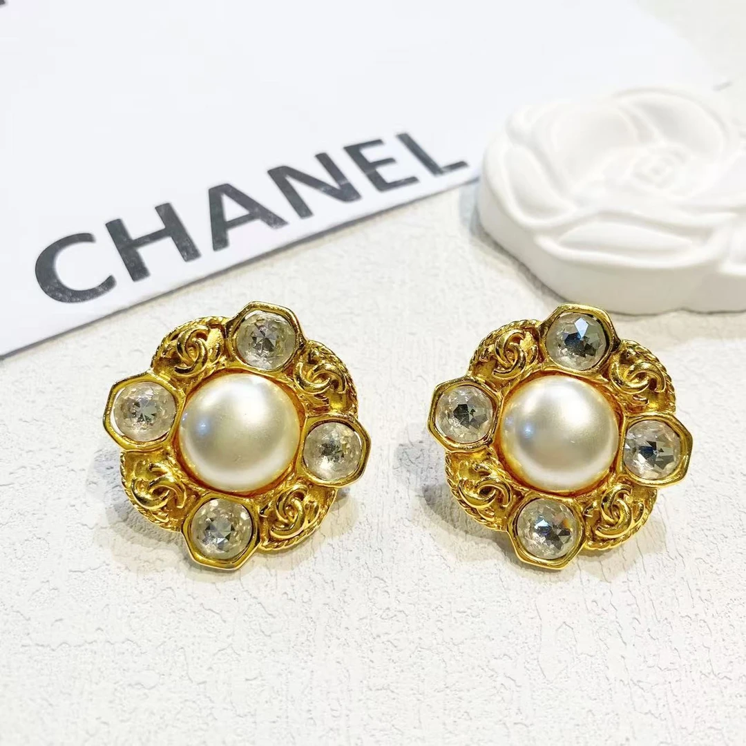 95新 Chanel/香奈儿 中古素金莱茵石双C珍珠耳夹/CJ55003