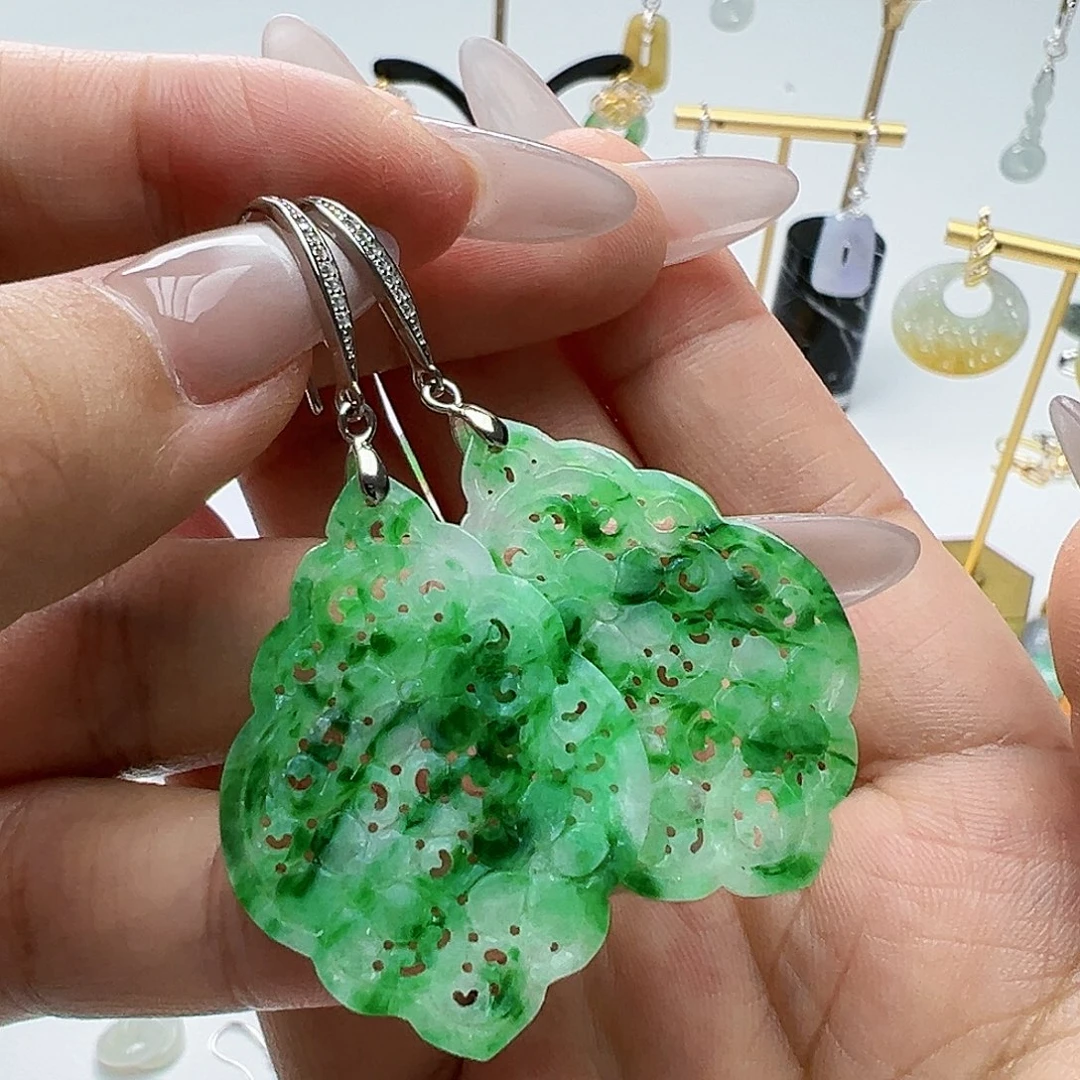银S925镶嵌翡翠耳饰龍****g天然缅甸A货翡翠