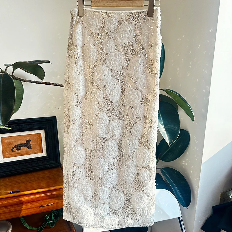 35BQ3471重工花朵亮片刺绣半身裙女高腰显瘦气质优雅开叉中长款裙