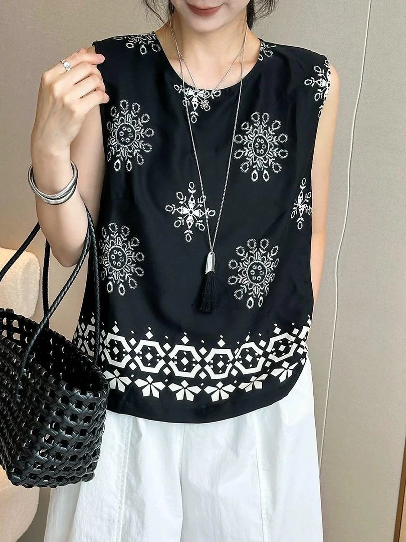 重工复古印花无袖衬衫7602