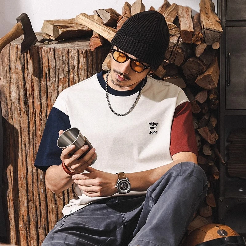 夏季拼色凉感t恤男短袖新款宽松大码上衣潮流美式复古重磅T恤