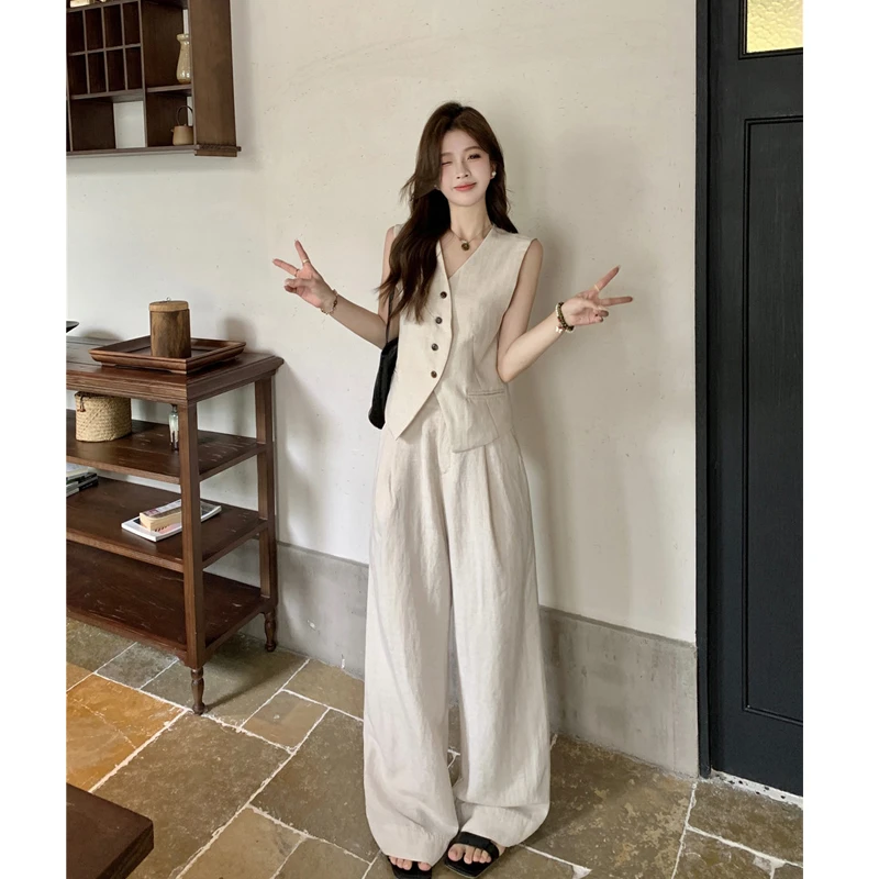 大码夏季新款重磅立体裁剪廓形无袖收腰马甲百搭阔腿裤洋气穿搭