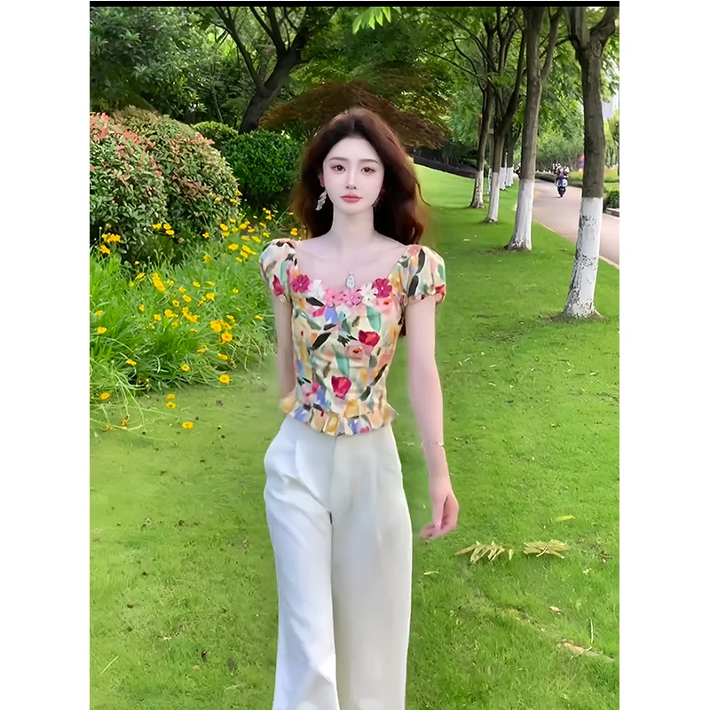 高级感吊带立体花朵碎花衬衫女修身显瘦背心上衣高腰长款裤子套装