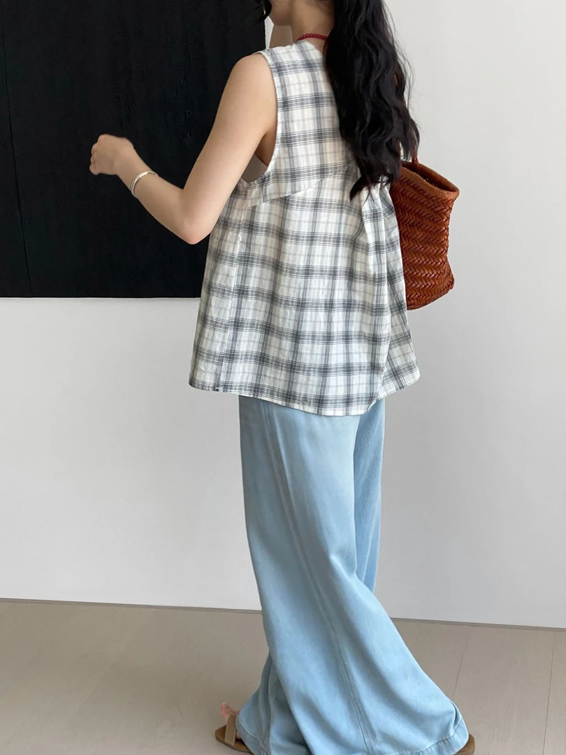 百搭夏季薄款圆领透气宽松型黑白黑色女装格纹背心无袖小衫