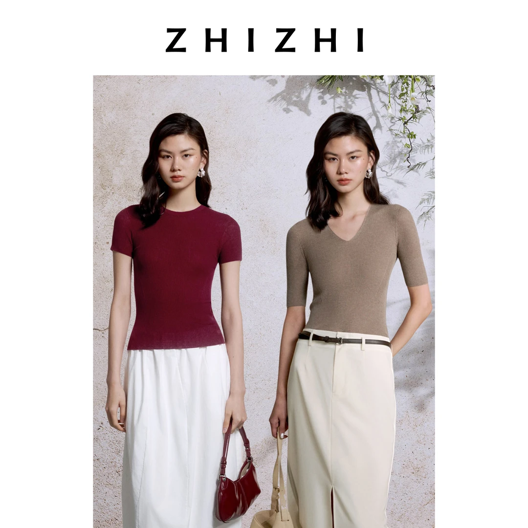 致知 琵琶仙 醋酸优雅V领针织短袖25早秋新款无缝 ZZ2EAKZN045
