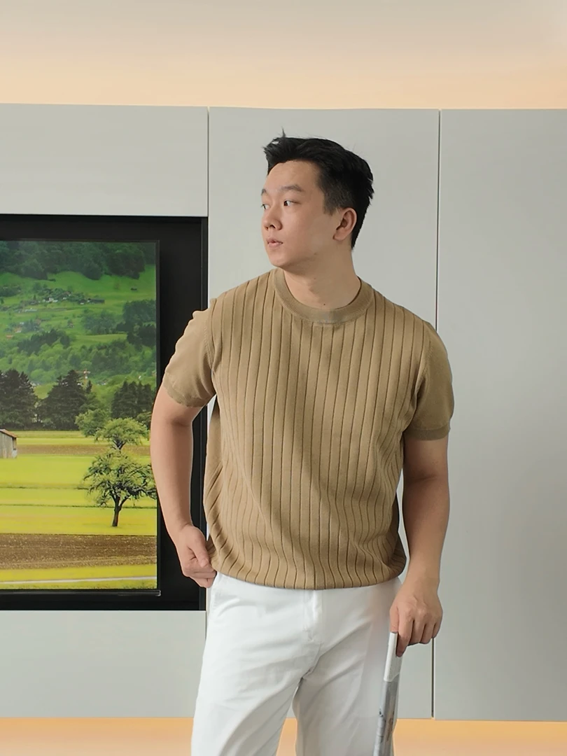 M153 意式针织衫t恤夏季冰丝男士短袖修身商务休闲纯色体恤圆领