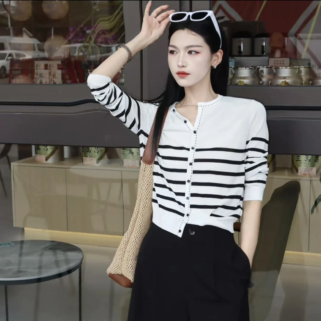 商场同款哥弟148006哥弟春夏新款 气质条纹百搭时尚长袖针织开衫