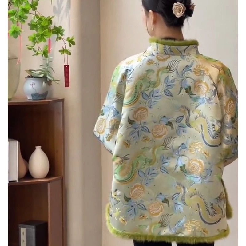 中式国风绿色提花棉服女装秋冬2024新款设计感超好看棉衣外套大衣