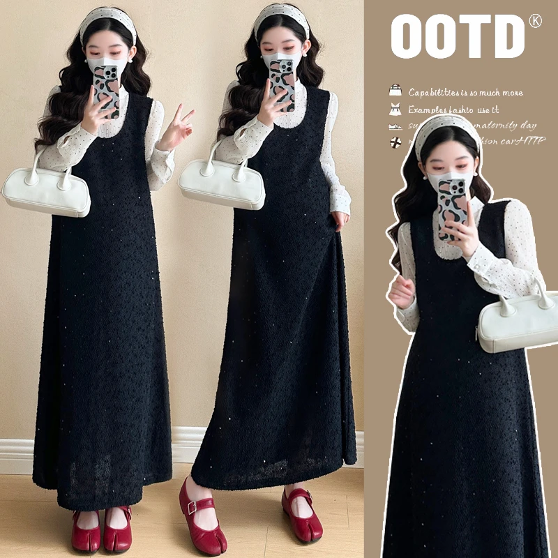 橙子家-2025早春新款气质高级感孕妇亮片背带裙＋打底衫两件套