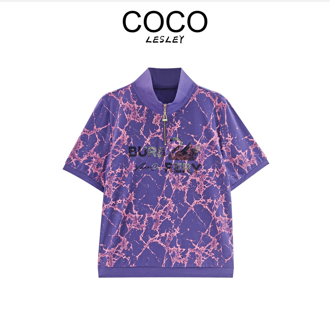 COCO LESLEY重工烫钻天鹅拉链短袖T恤DX2655