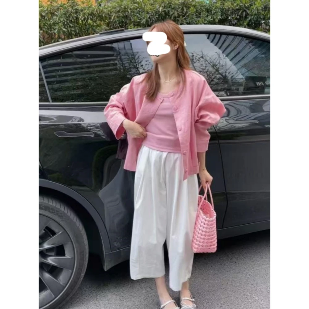 玫红色衬衫外套吊带背心直筒裤套装女春季休闲白色哈伦裤两件套时