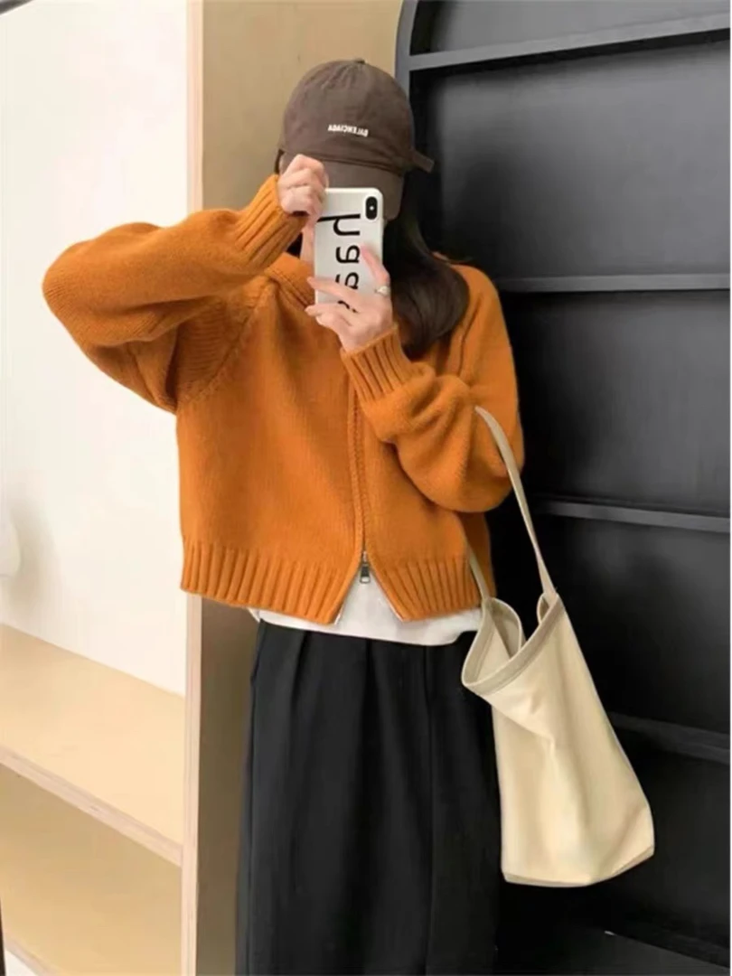 薄荷@10705 韩系简约百搭纯色连帽毛衣开衫 9-13