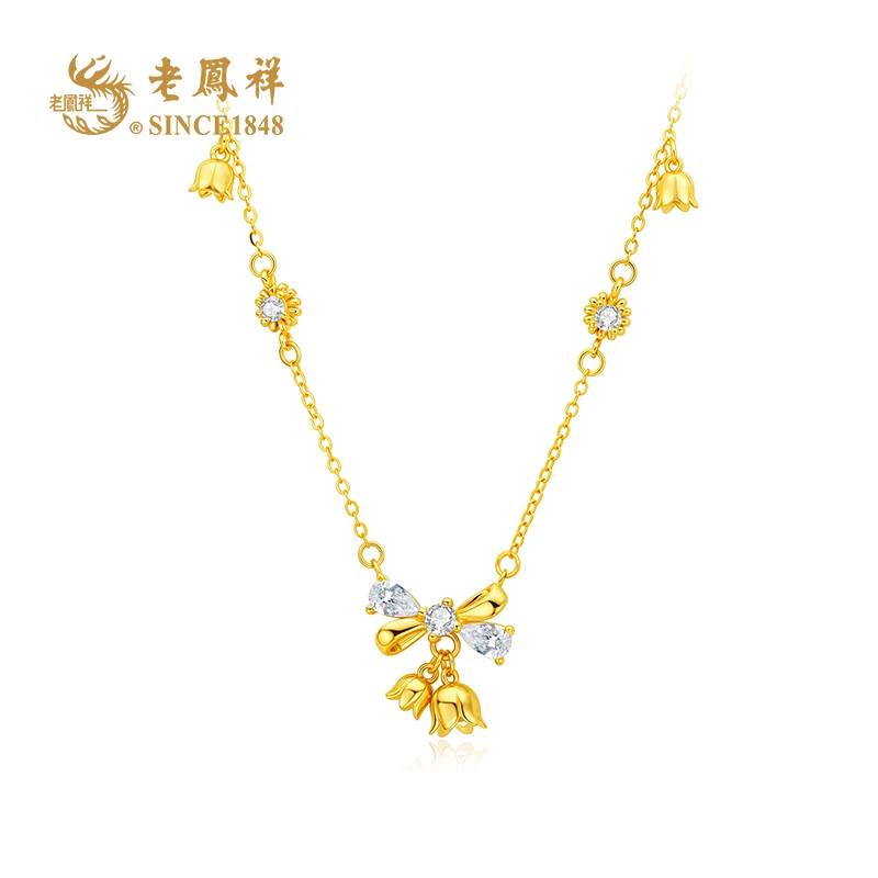老鳯祥 坠链均925银合成锆石 铃兰花蝴蝶结锁骨链 节日礼物C04861