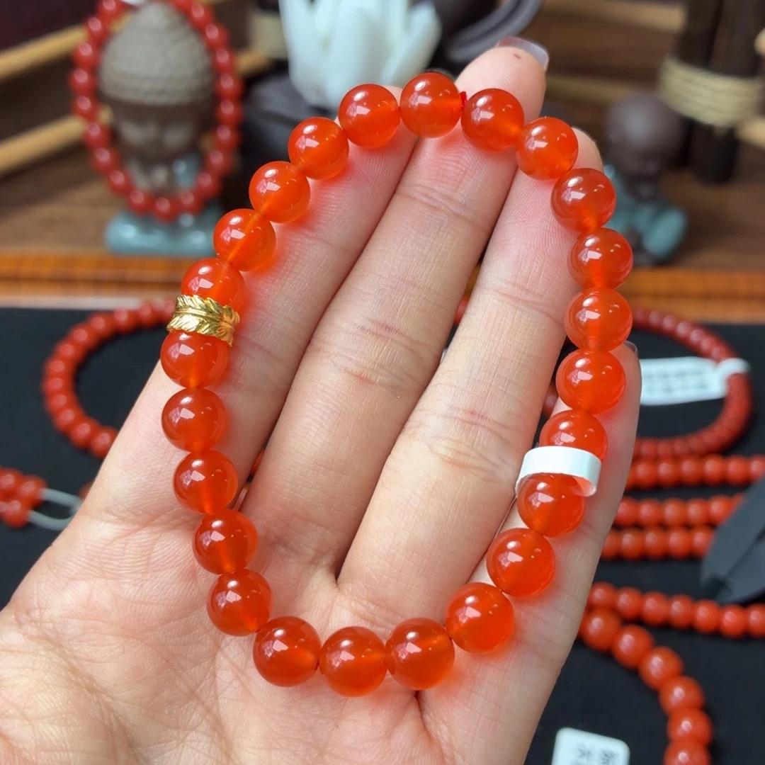 羊***南红玛瑙18K金镶嵌手串保山原矿南红河湾冰红卡7+