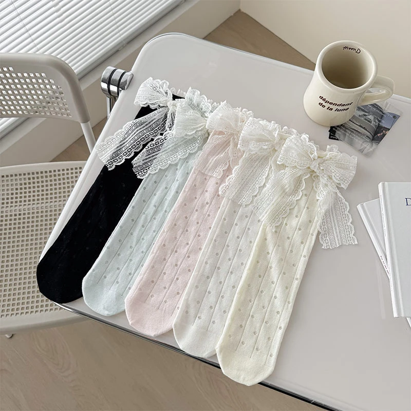 甜美蕾丝花边jk中筒袜日系后跟飘带蝴蝶结袜子透气薄款网眼堆堆袜